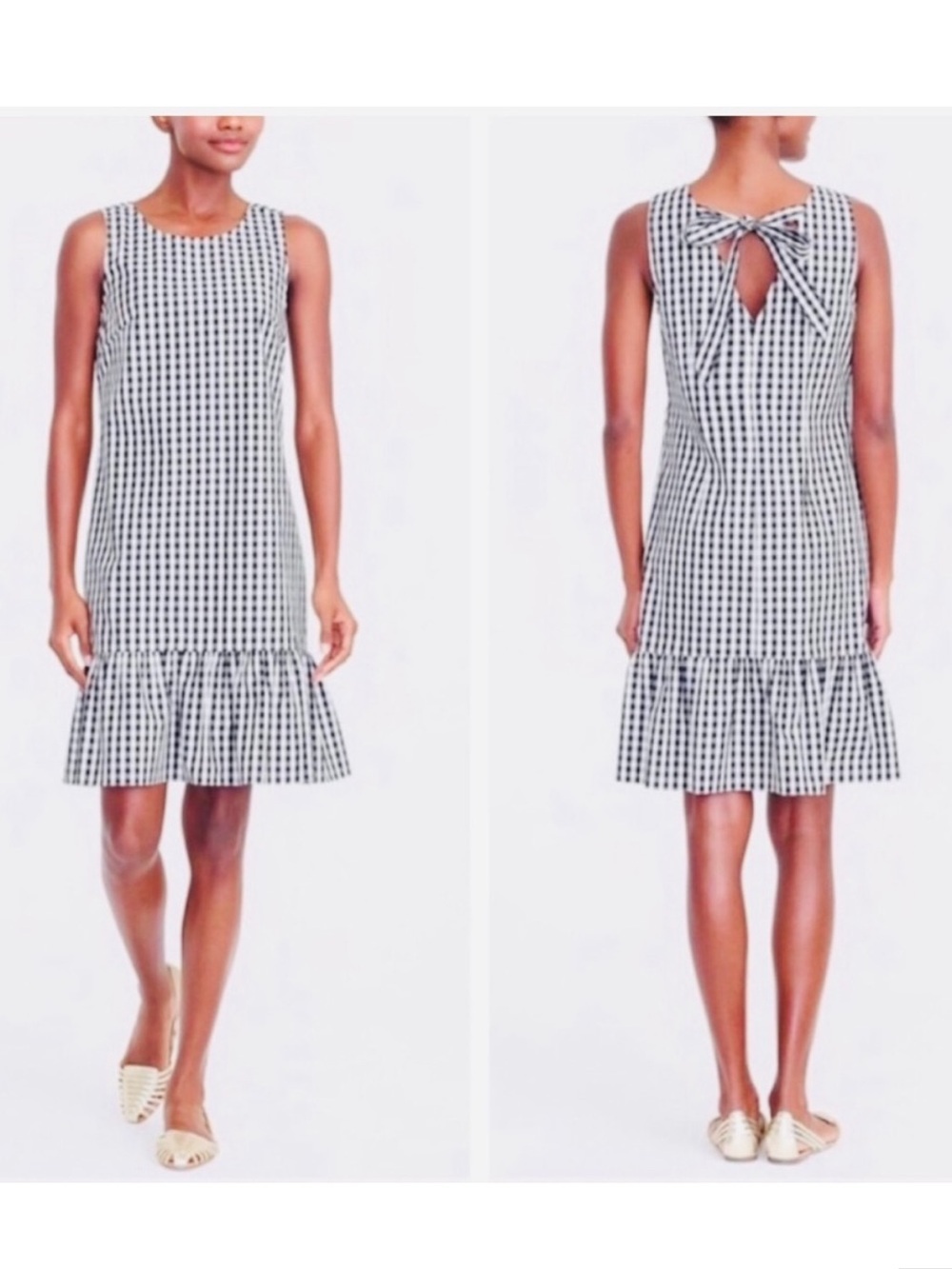 J. Crew Gingham Ruffle Hem Sleeveless Shift Dress Tie Back Black White Size M